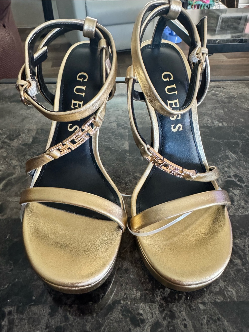 GUESS Gold Strappy Ankle‑Tie Heels